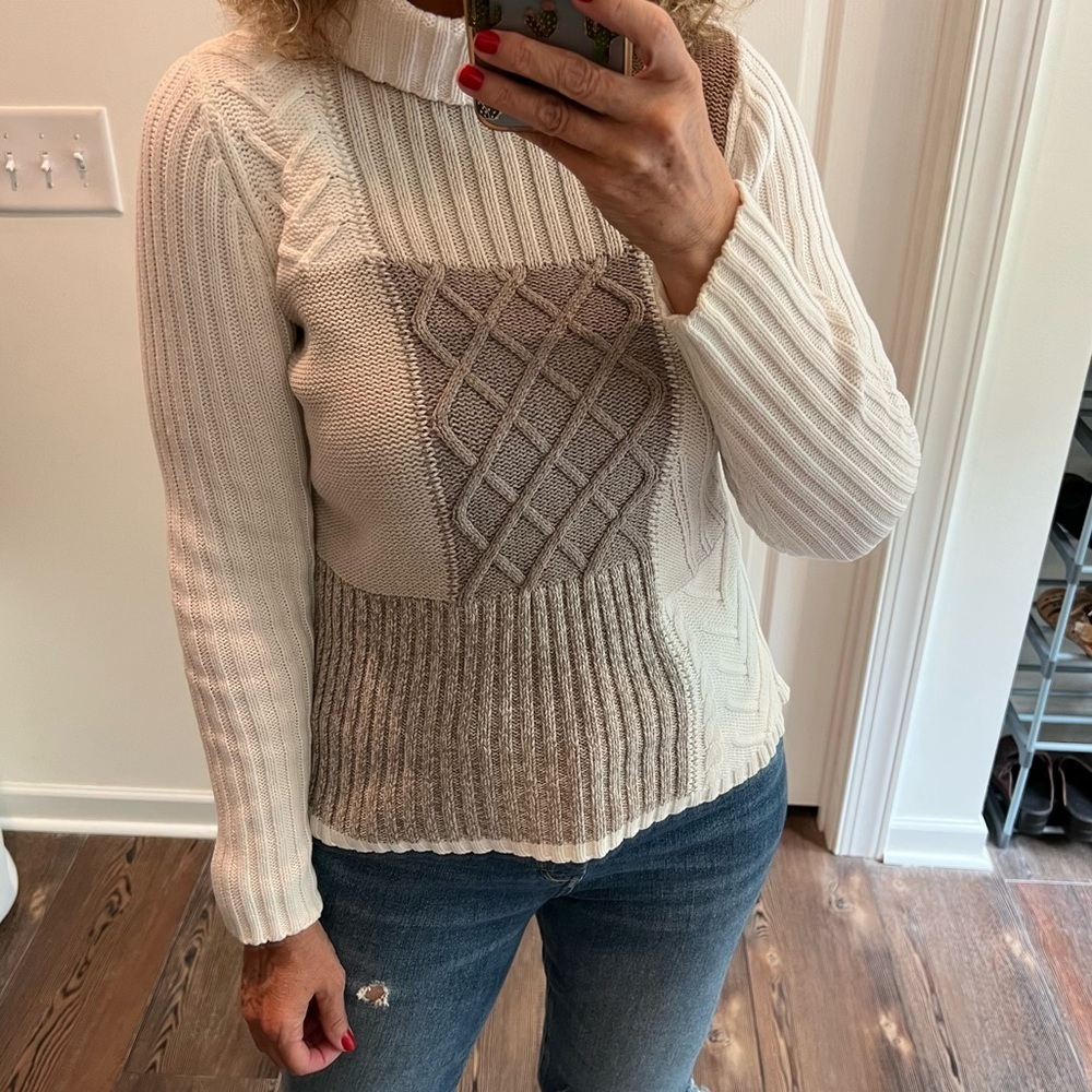 Vintage Patchwork Style Cableknit Turtleneck Crea… - image 5